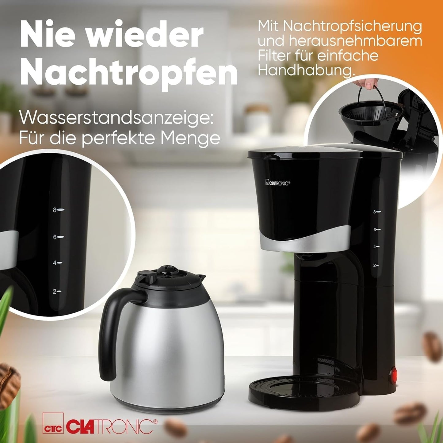 Clatronic® kaffebryggare med termos | för 8-10 koppar kaffe | utan temperaturförlust | kaffebryggare med filter | 1 liter | Espresso | Filterkaffebryggare med termos | KA 3327 svart