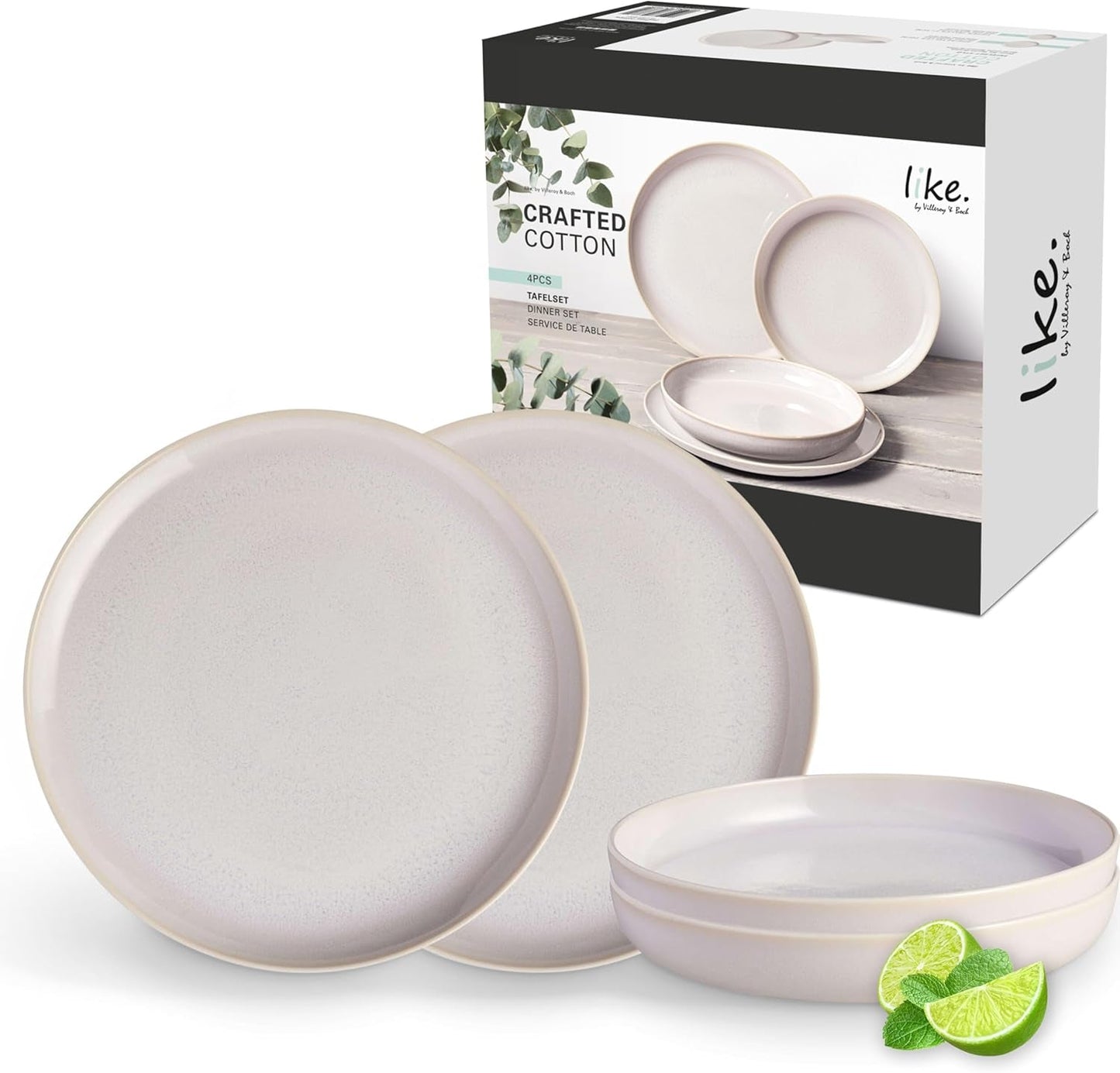 som. av Villeroy & Boch – Crafted Cotton Dinner-Set 4 teilig Weiß, Spülmaschinenfest, Mikrowellensicher, Geschirrset, Tafelservice Modern, Speiseteller, Tiefe Teller, Pottery-Look, Premium Porzellan