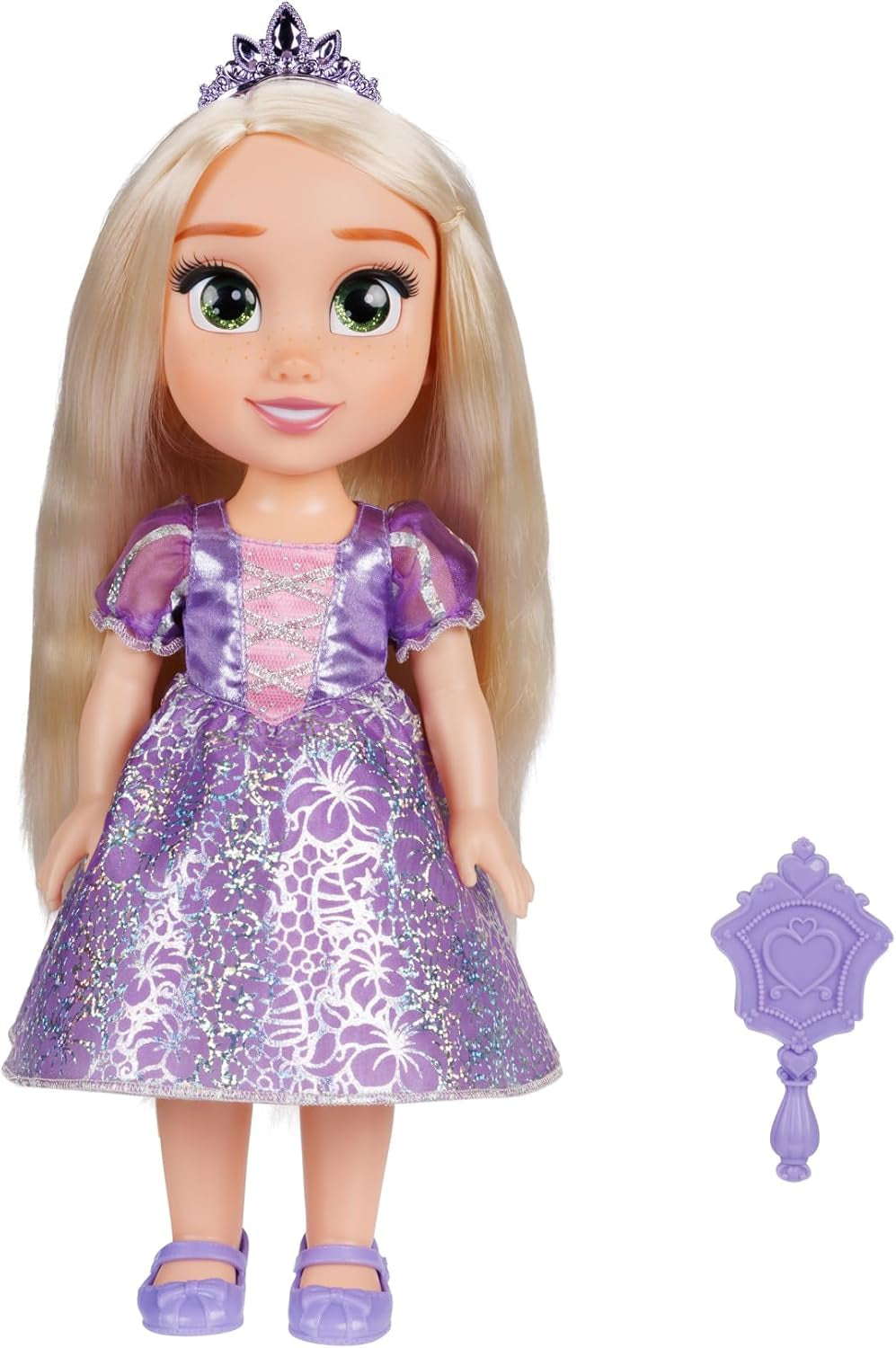 Disney Princess Rapunzel 35 cm docka, reflekterande glitterögon, rörliga leder, avtagbar klänning, skor, krona, långt blont hår, för tjejer 3+
