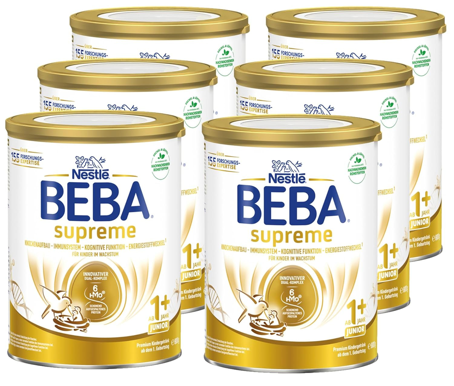 BEBA SUPREME JUNIOR 1 Plus - Dryck för barn från 1 år, med komplex 6 HMO, laktosfri, palmoljefri, fiskoljefri, mat för små barn, babymjölkspulver, förpackning om 6 (6 x 800g)