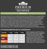 Dehner Premium Katzenfutter Sensitive Multipack, Nassfutter, för ernährungssensible Katzen, je 4 x Huhn / Rind / Pute, 12 x 100 g påse (1,2 kg)
