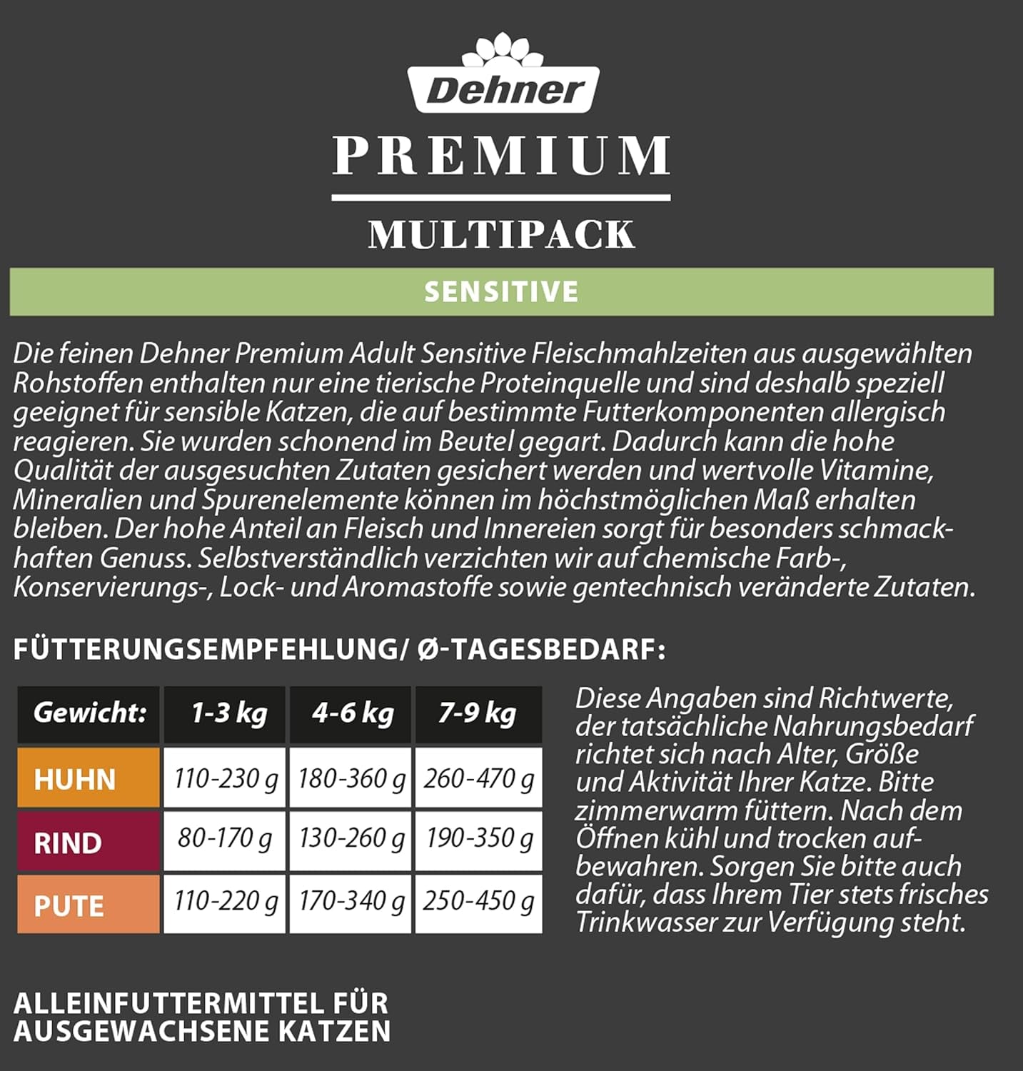 Dehner Premium Katzenfutter Sensitive Multipack, Nassfutter, för ernährungssensible Katzen, je 4 x Huhn / Rind / Pute, 12 x 100 g påse (1,2 kg)