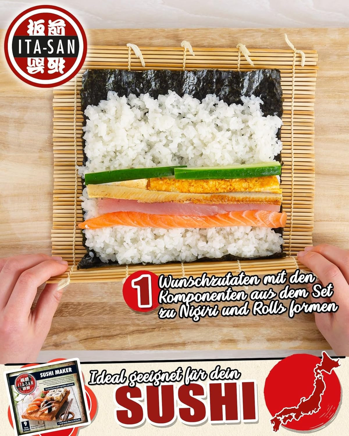 ITA-SAN Sushi Set (9-delar komplett set, perfekt för nybörjare, för prov eller present) 1 förpackning