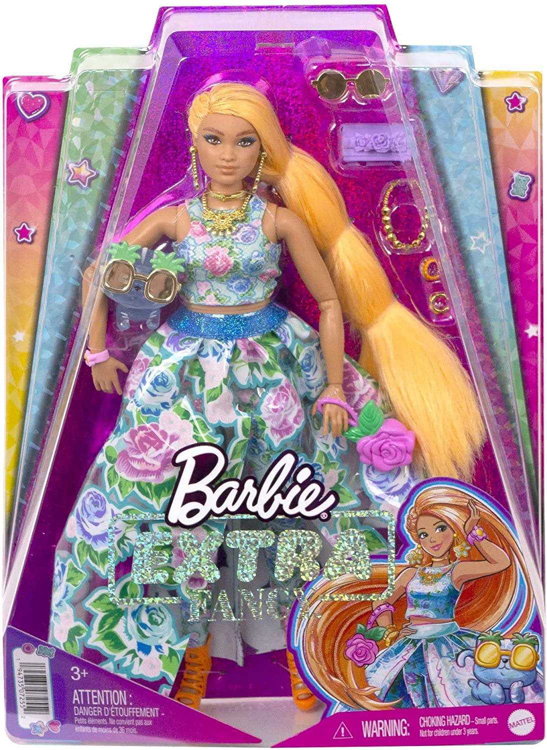 Barbie extra snygg, kurvigt långt jordgubbsblont hår, tvådelad kostym, blå katt, rosa väska, ananassolglasögon inklusive docka, lämplig som present, Hhn14 Naty Shop Dolls