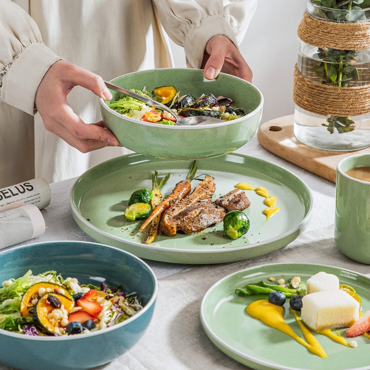 vancasso SESAM Serie Steingut Geschirrset für 12 Personen, 48 teiliges Kombiservice – Tafelservice mit Speisetellern, Desserttellern, Müslischalen och Kaffeetassen, Scandinavian Design