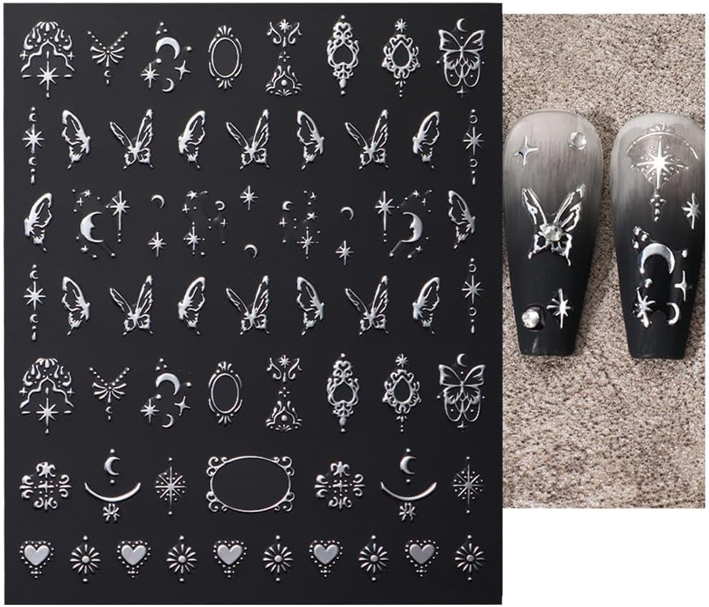 3D silvermetalliska nagelklistermärken, nagelklistermärken för kvinnor, stjärna, måne, sol, nagelfolie, självhäftande klistermärken, fjärilsnagelklistermärken, nagelklistermärken, nageldesigntillbehör, 8 st