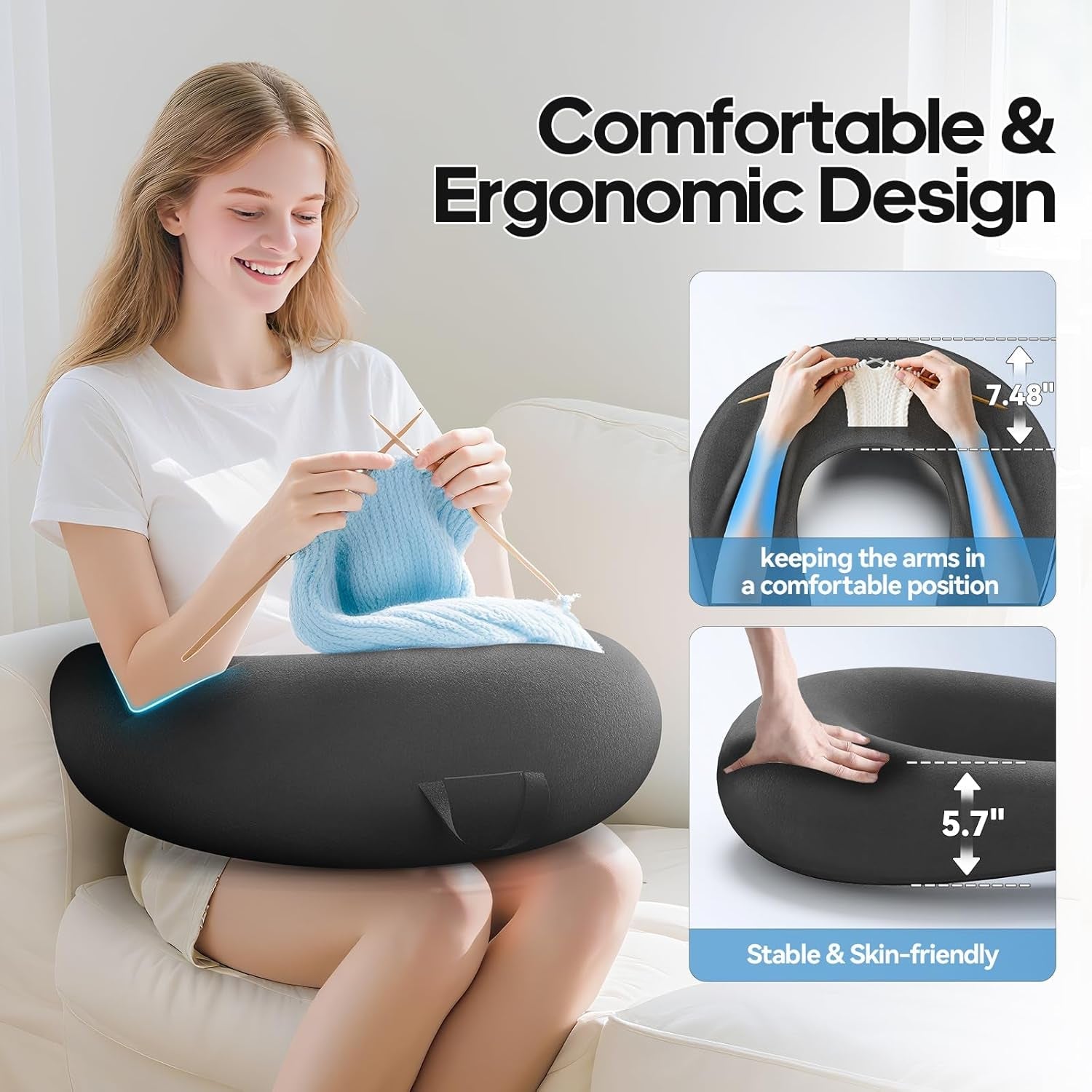 Spel- och läskudde, Läskudde för säng/soffa/golv, matning/virkad kudde med stor ergonomisk spelkudde, Gamerkudde för iPad/laptop - svart