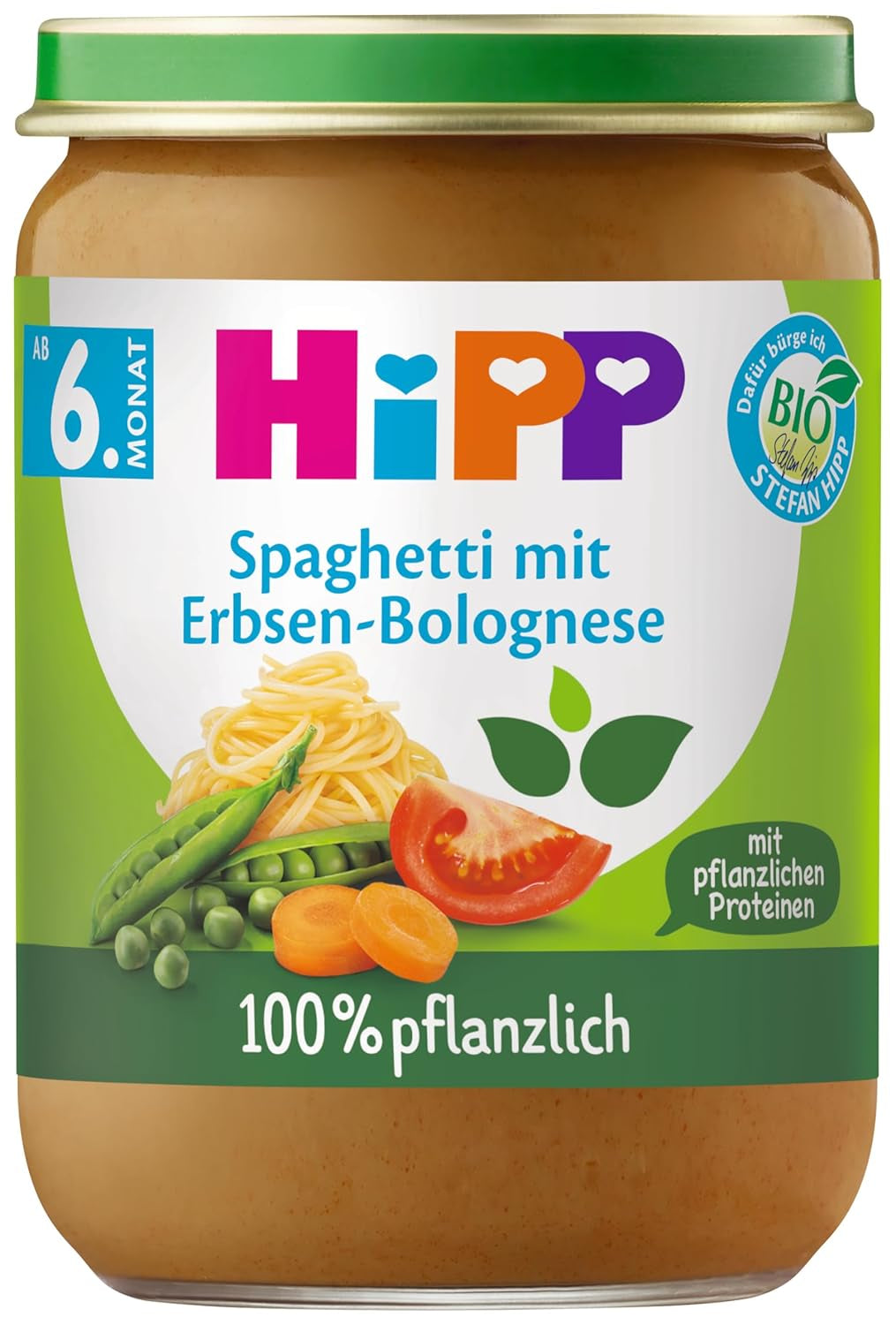 HiPP ekologisk spaghetti bolognese med ärtor (6 x 190 g), babymåltid från 5/6 månader, 100 % växtbaserad, utan tillsatt salt, bästa ekologiska kvalitet