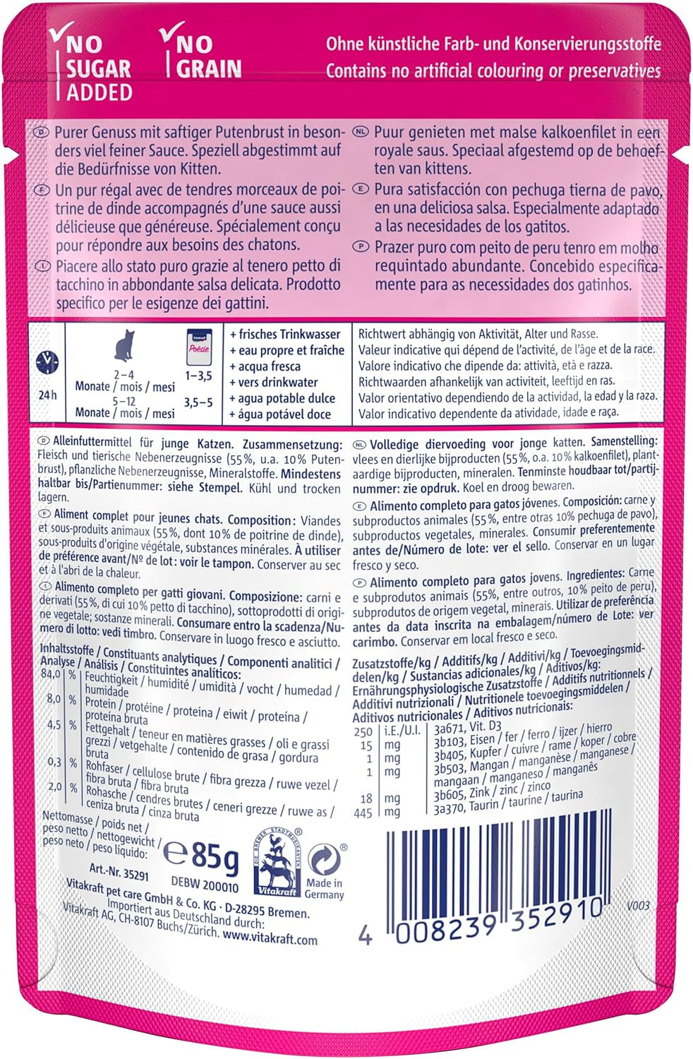 Vitakraft Poésie Délice, Junior, Våtfoder för katter, Våtfoder i sås, med kalkon, Multipack, för unga katter, Inget tillsatt socker eller spannmål (23 x 85g)