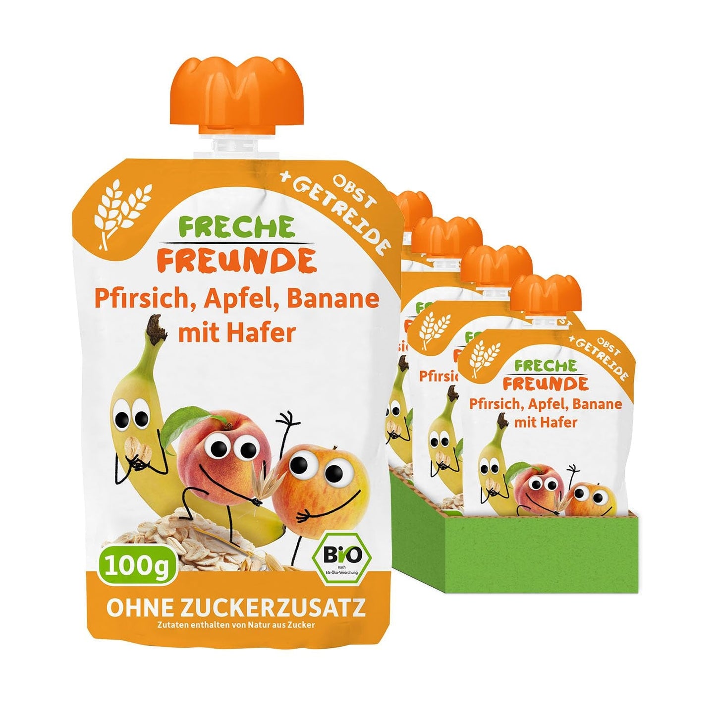FRECHE FREUNDE Persika Äppel Banan Havre Ekologisk fruktpuré med spannmål i en klämbar påse för bebisar 6 månader+ Vegansk 6-pack (6 x 100 g)