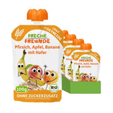 FRECHE FREUNDE Persika Äppel Banan Havre Ekologisk fruktpuré med spannmål i en klämbar påse för bebisar 6 månader+ Vegansk 6-pack (6 x 100 g)