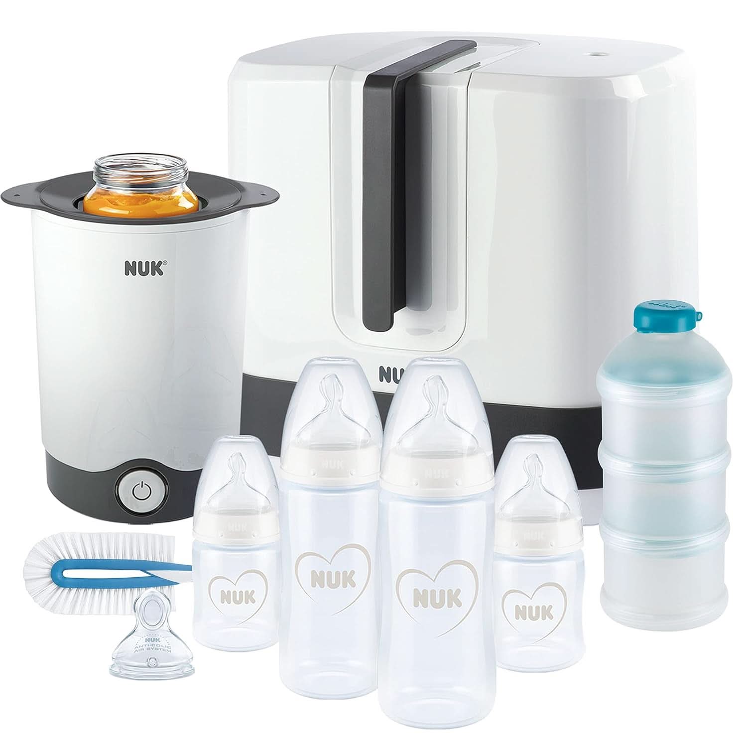 NUK manuell bröstpumpset, mjuk silikonkudde, 2 perfekt matchade flaskor, 150 ml barnmat och amningstillbehör Naty Shop First Choice+ Set