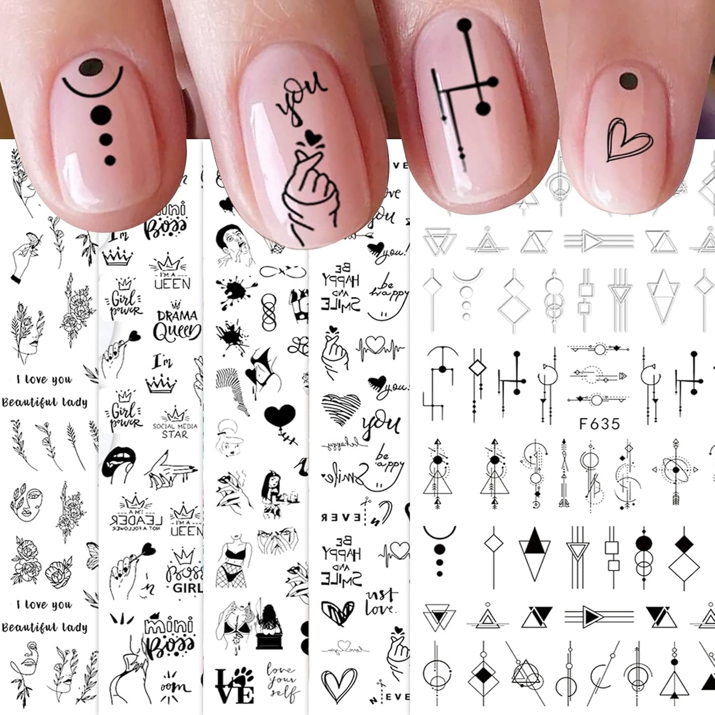 JMEOWIO Nagelsticker Geometrie 10 Blatt Nagelaufkleber Selbstklebend Schwarzes Herz Unregelmäßig Geformt Nagel Art Sticker Dekoration Nageldesign Zubehör