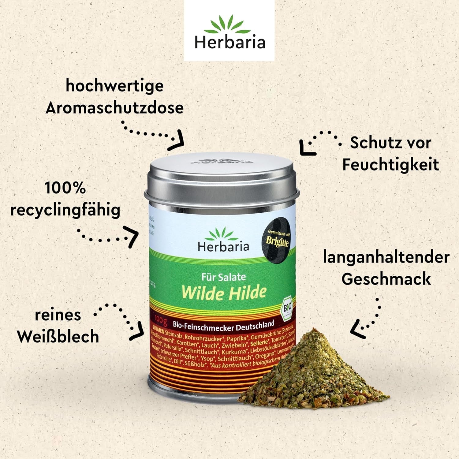 Herbaria Wilde Hilde bio 100g M-Dose-fertige Bio-Gewürzmischung - Saladgewürz für ausgefeilte Salade - mit erlesenen Ingrediens - in nachhaltiger Aromaschutz-Dose