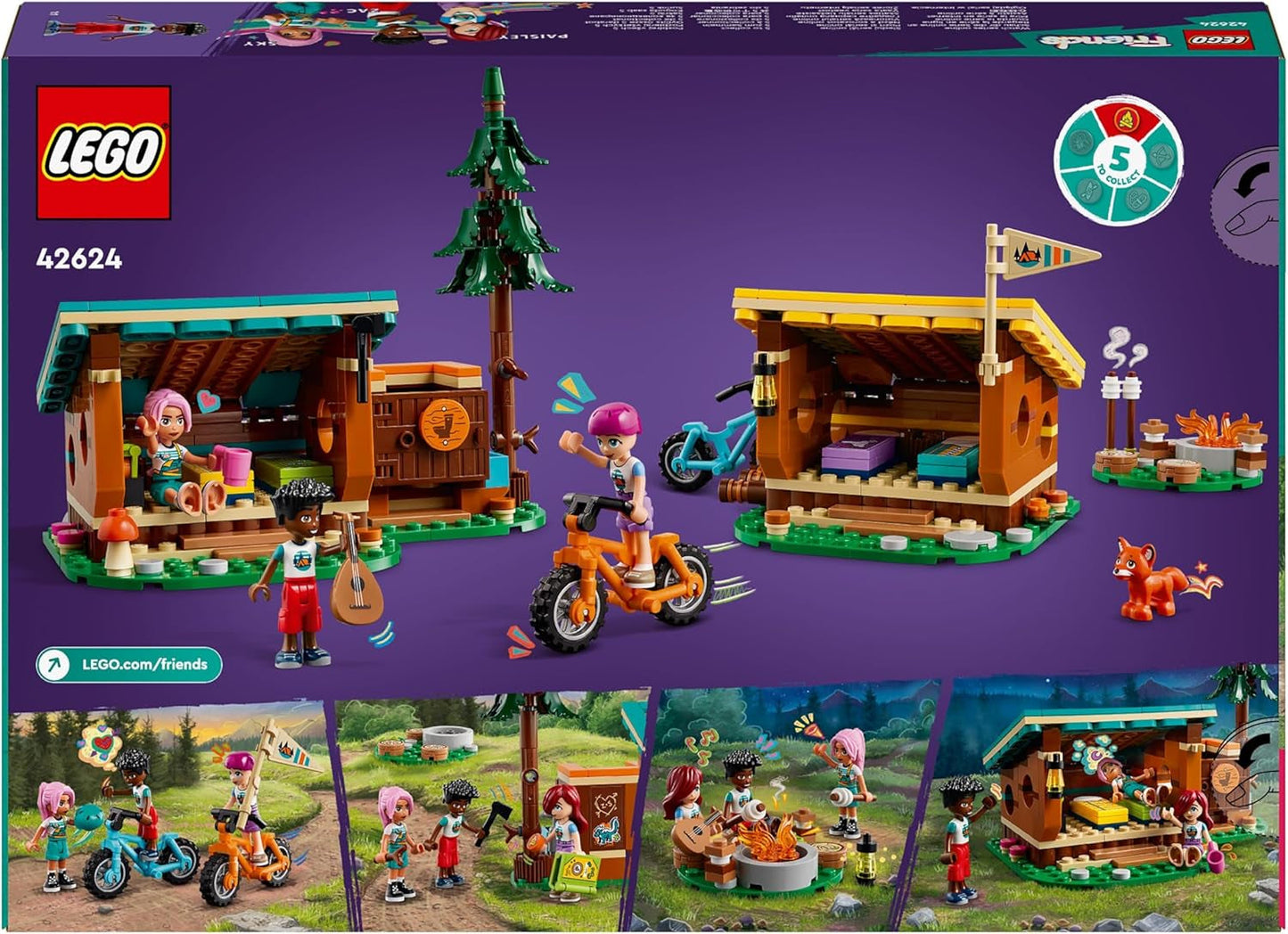 LEGO Friends mysiga hyddor på äventyrsläger, rollspel utomhus, barnleksak för flickor och pojkar från 7 år med 3 figurer och räv, campingleksak 42624 Byggset Besuche den LEGO-Store