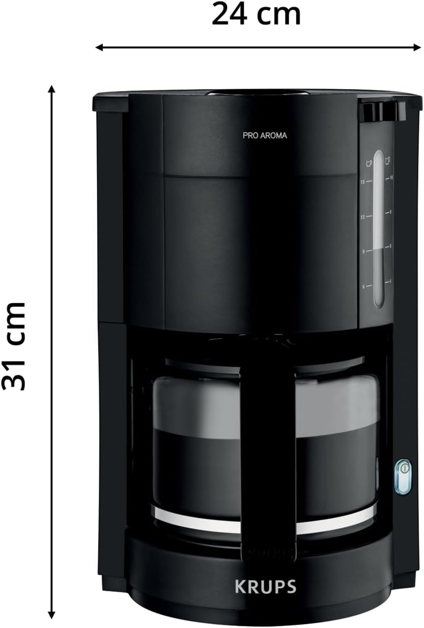 Krups F30908 ProAroma Espressomaskin med filter och glaskaraff, kapacitet 1,25 l, 10-15 koppar, 1050 W, svart