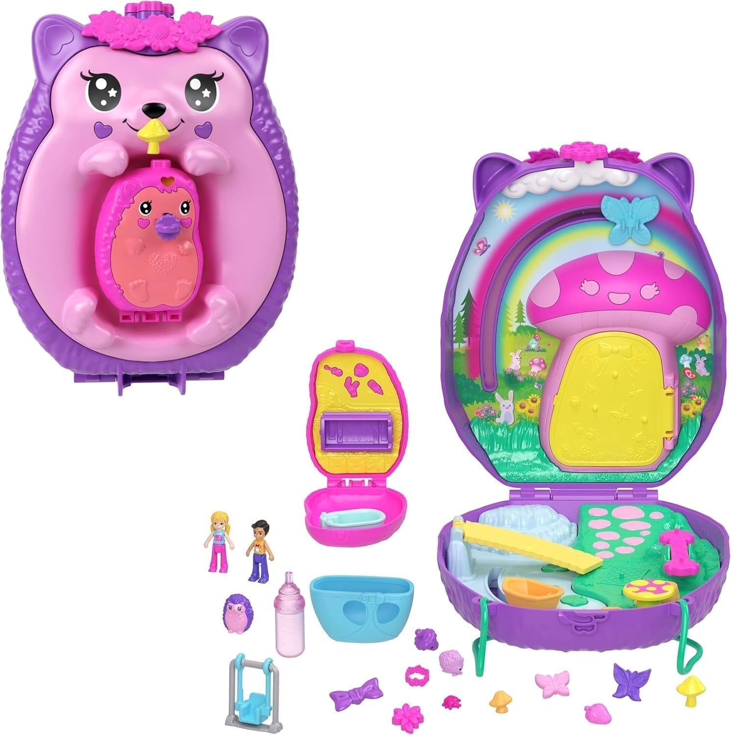 Polly Pocket GKJ64 - Portabel Pineapple Pocket Box med 8 roliga funktioner, Polly och Purple dockor, 2 tillbehör och klistermärke; leksak för barn från 4 år och uppåt Pupusi Naty Shop Mamma igelkottsbarn
