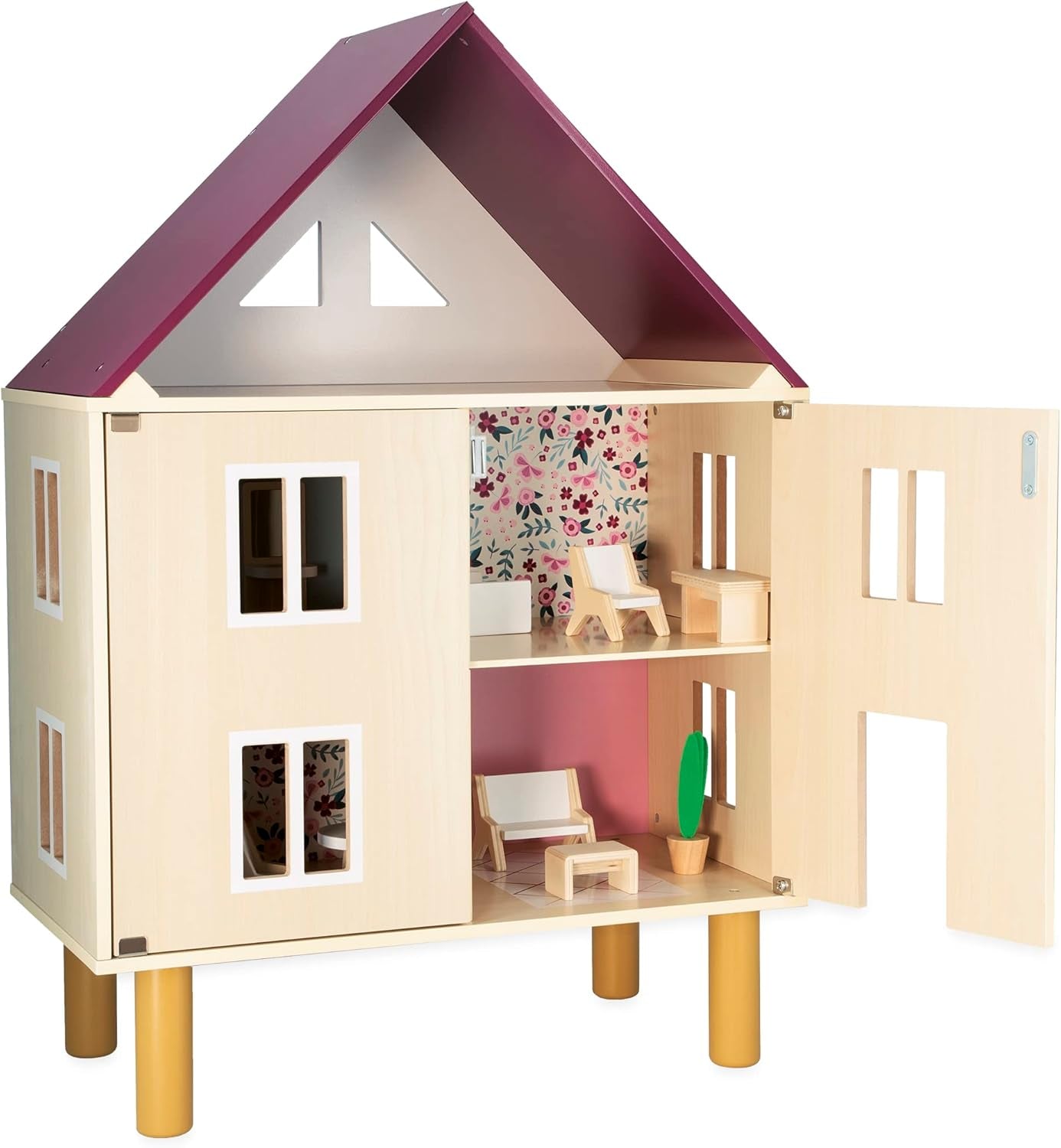 Janod Mademoiselle dockhus i trä 3 våningar och 11 tillbehör Replikleksak utvecklar fantasi åldrar 3+ J06581 Rosa dockhus Naty Shop Twist