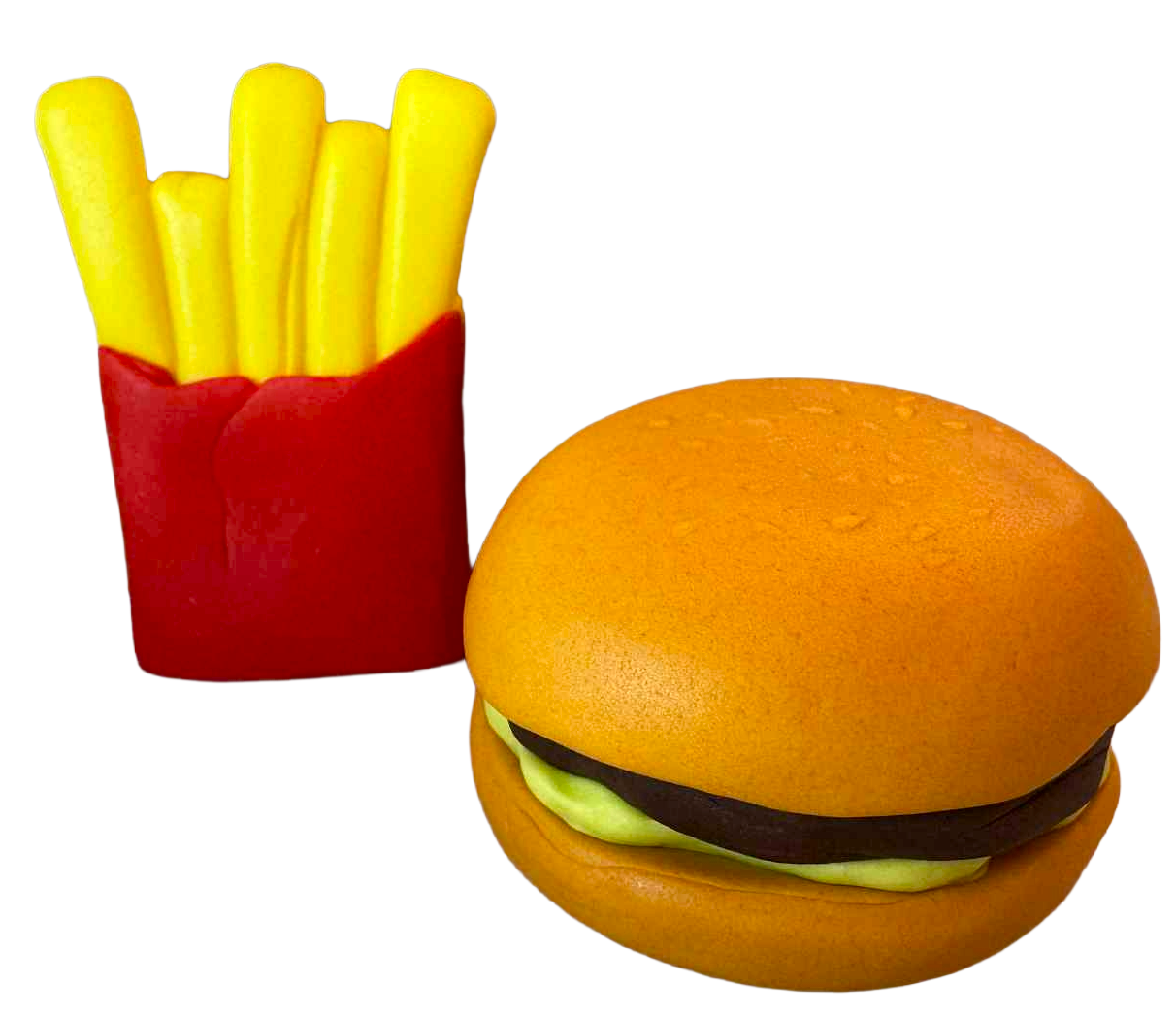 SweetJoy ätbara hamburgare och potatisdekorationer - Set med 2 figurer gjorda av sockerpasta ca 6 cm