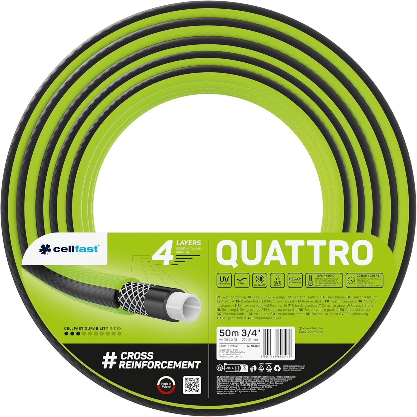 Cellfast QUATTRO Trädgårdsslang Slitstark Lättvikts 4-lagers UV-beständig trådslang Cross Braid 20 Bar 3/4" 15m 10-074