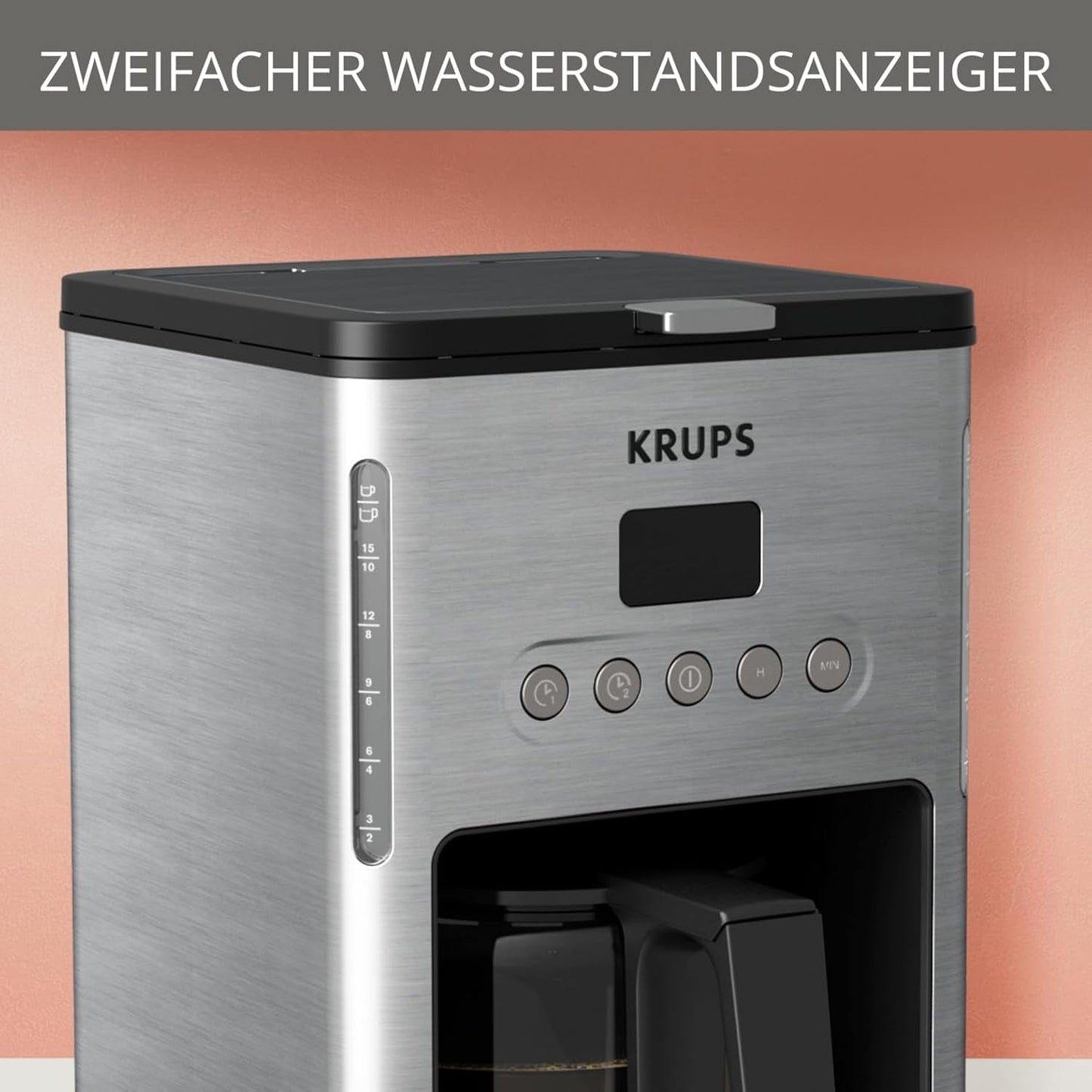 Kaffeespressomaskin med filter Krups KM442D Premium | 10-15 koppar | 1000 watt | programmerbar | varmhållningsfunktion | rostfritt stål | svart