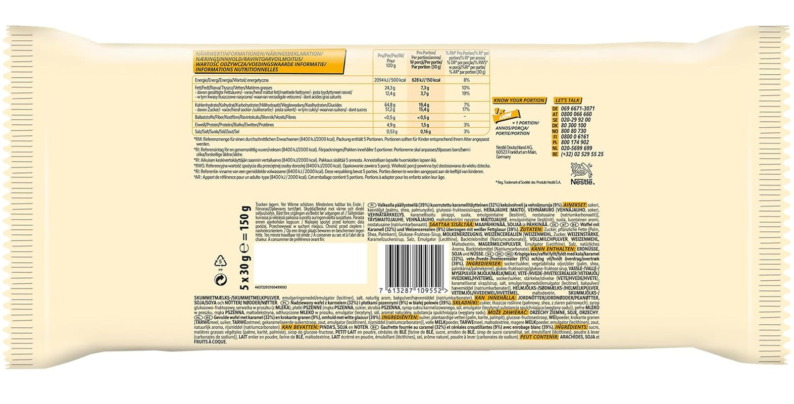 Nestlé LION Multipack, chokladkakor med vit glasyr, läcker kolafyllning och krispig rån, stort godispaket, 4-pack (5 x 30 g vardera)