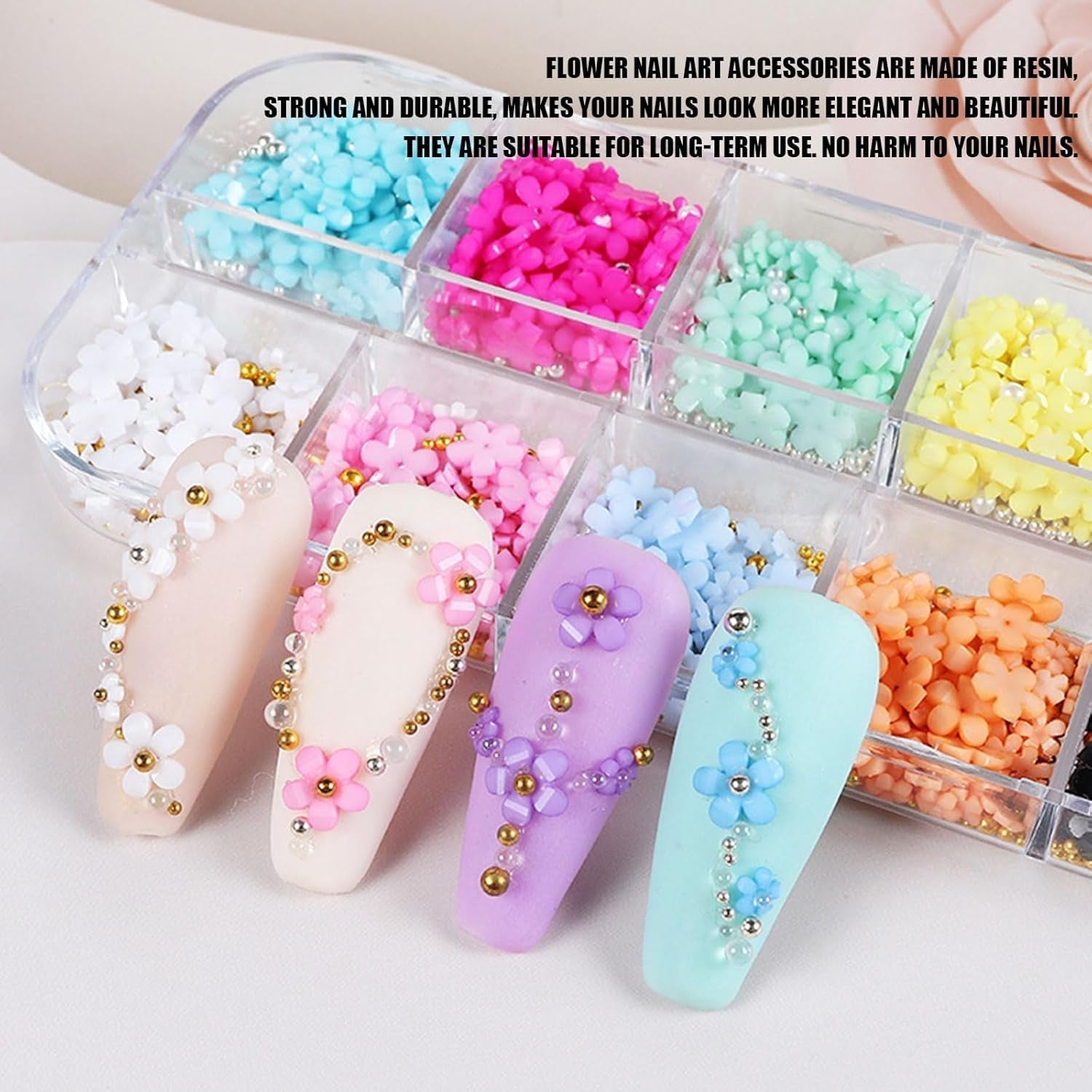 3D-blomma nagelberlocker, 12 rutnät akryl harts blomma och guld silverpärlor nagelstenar, blomgel naglar, blom nagel dekorationer för kvinnor och flickor, DIY manikyr tillbehör
