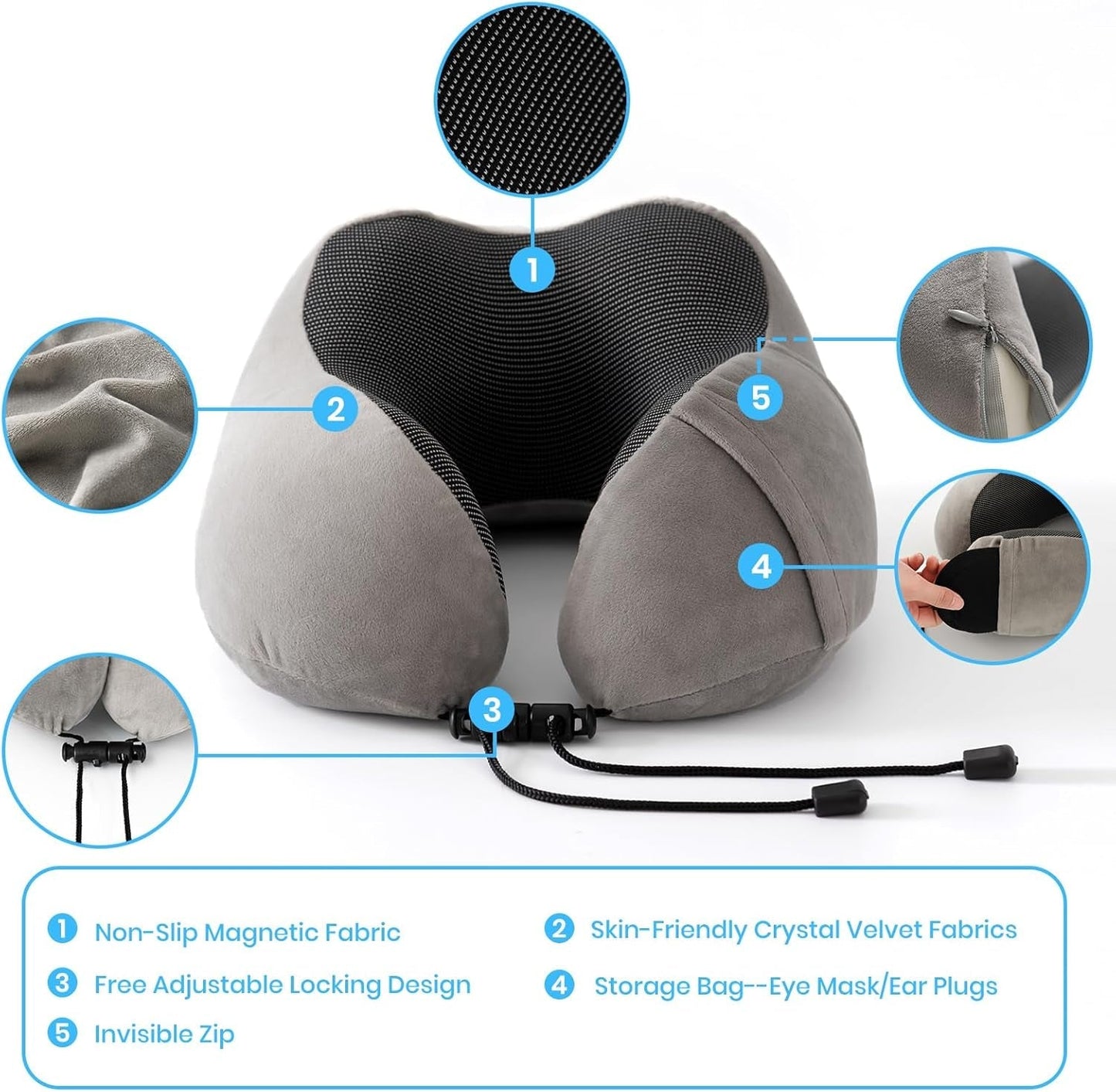 Good Nite Nackkudde Flygplan Nackkudde Resekudde Vuxen Nackkudde Bil Hemkudde Huvudkudde Ergonomisk Memory Foam Tvättbar med smal rygg Justerbar Grå resekuddar Naty Shop