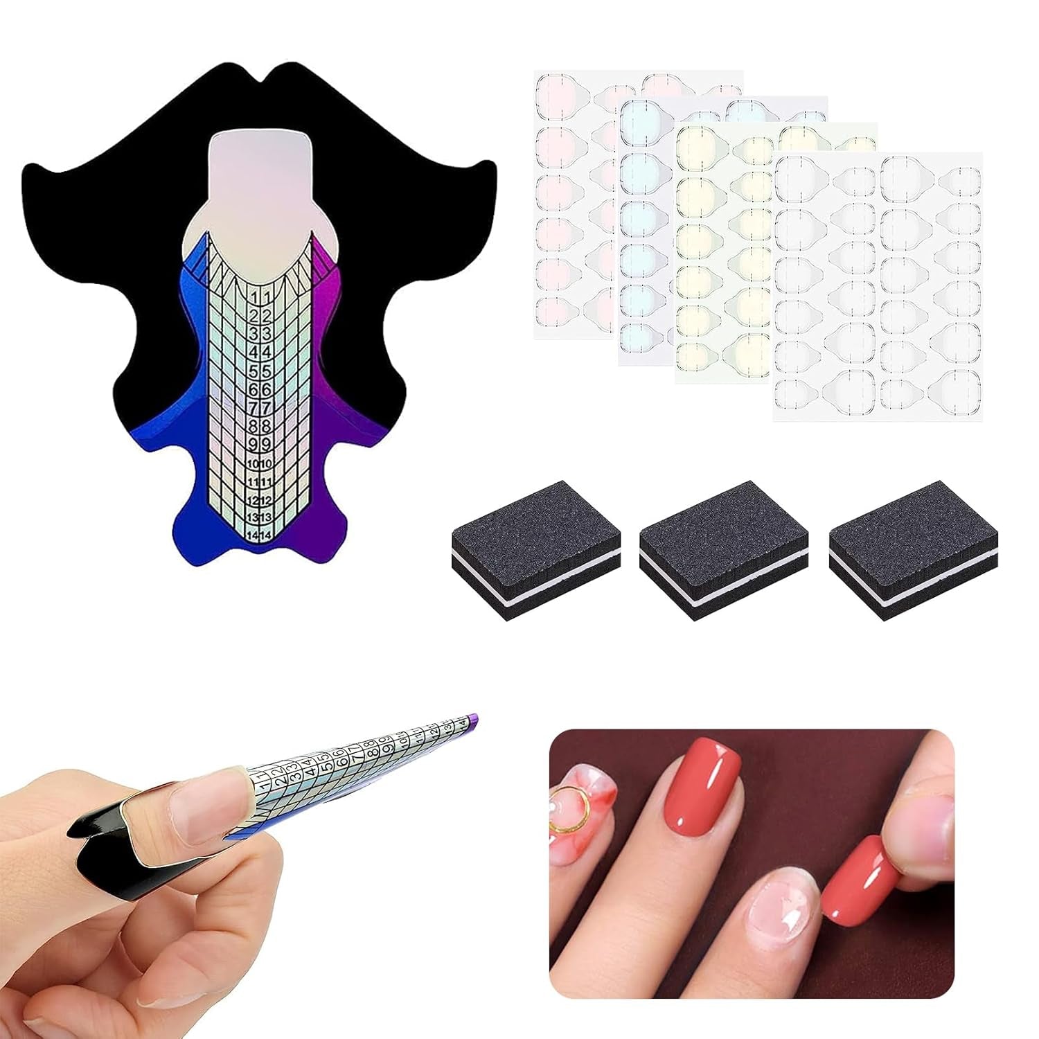 100 st Nail Art-mallar Modelleringsmallar Självhäftande med 4 ark genomskinliga nagelkuddar och 3 nagelfiler Gel Nagelförlängningstillbehör för konstgjorda naglar