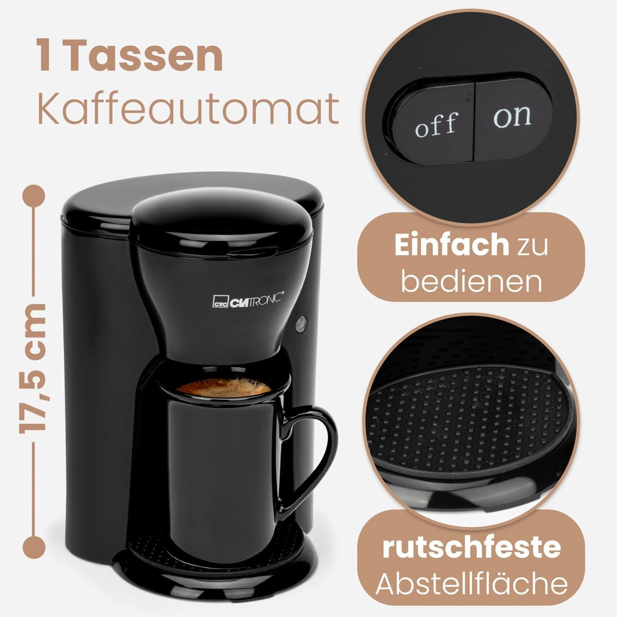 Clatronic® 1-kopps kaffebryggare | Perfekt espressomaskin för ensamstående | Espressomaskin med filter, inklusive keramisk kopp | Liten espressomaskin med filter, perfekt för resor | KA 3356