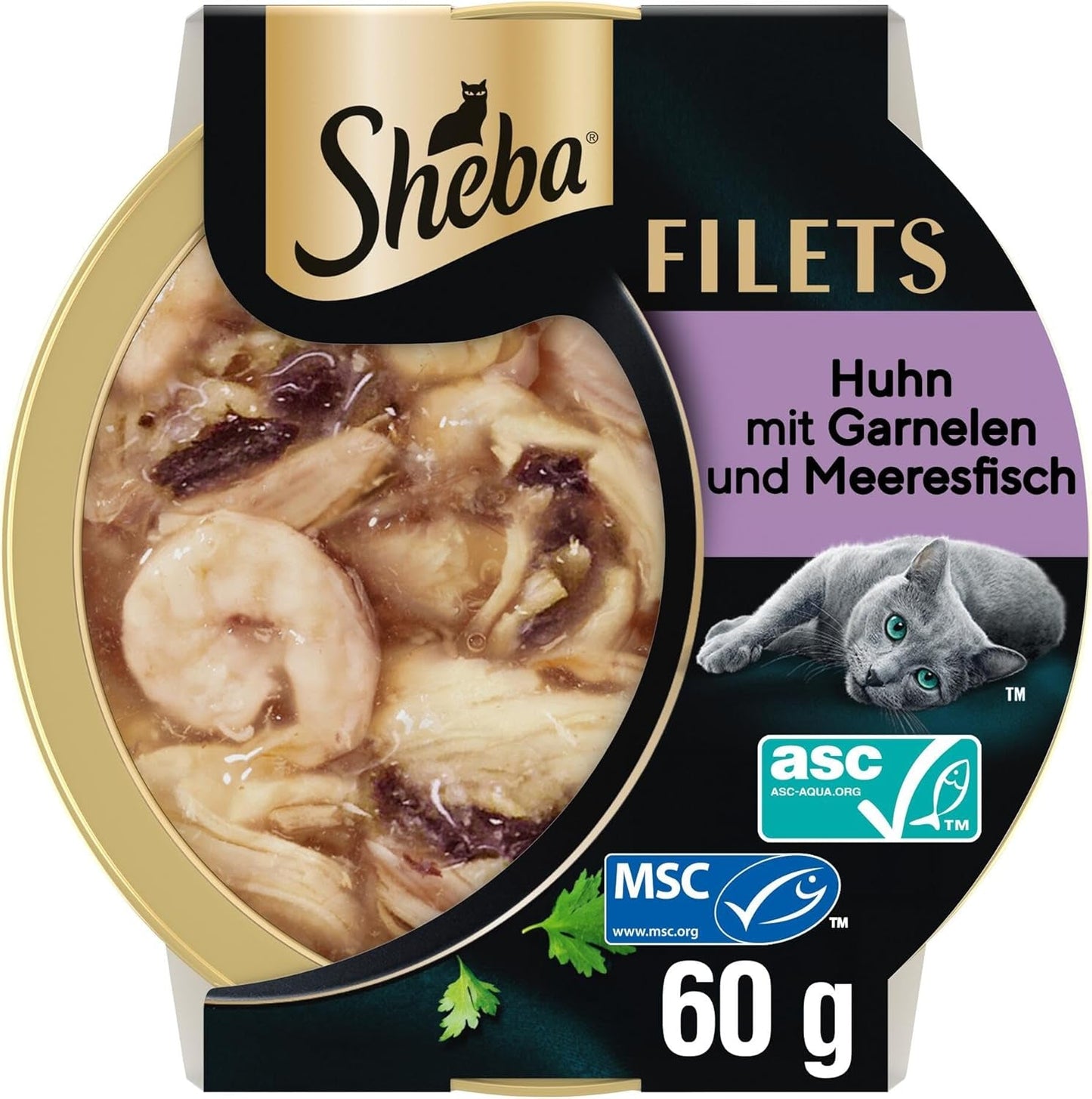 SHEBA filéer vuxen Katzenfutter i sås med kyckling, Hochseefisch och Garnelen 16 x 60 g skal