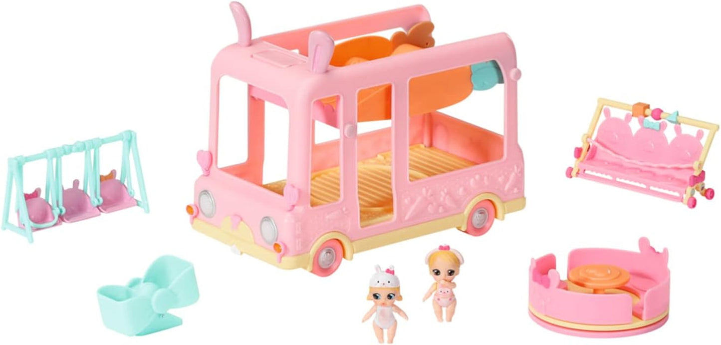 BABY född 904763 Baby Surprise Bus - rosa minidocka leksaksbuss med 2 exklusiva dockor, trippel sittvagn, gunga, karusell, rutschkana och trippelgunga.