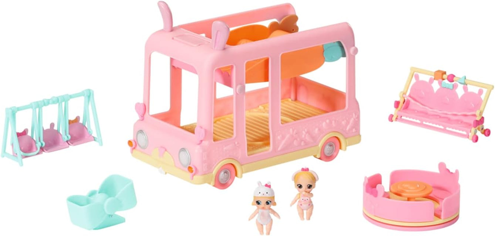 BABY född 904763 Baby Surprise Bus - rosa minidocka leksaksbuss med 2 exklusiva dockor, trippel sittvagn, gunga, karusell, rutschkana och trippelgunga.