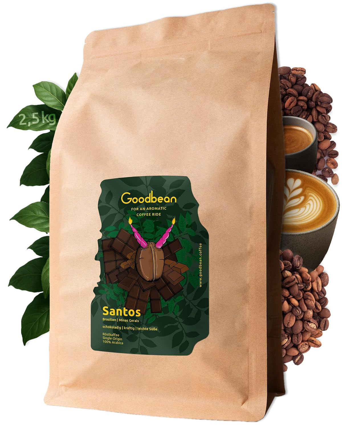 Santos | Kaffebönor 2500g - 100% Arabica från Brasilien | för espresso, cappuccino eller starkt filtrerat kaffe | Omni Roast | Klassiskt kaffe - den perfekta introduktionen till specialkaffe