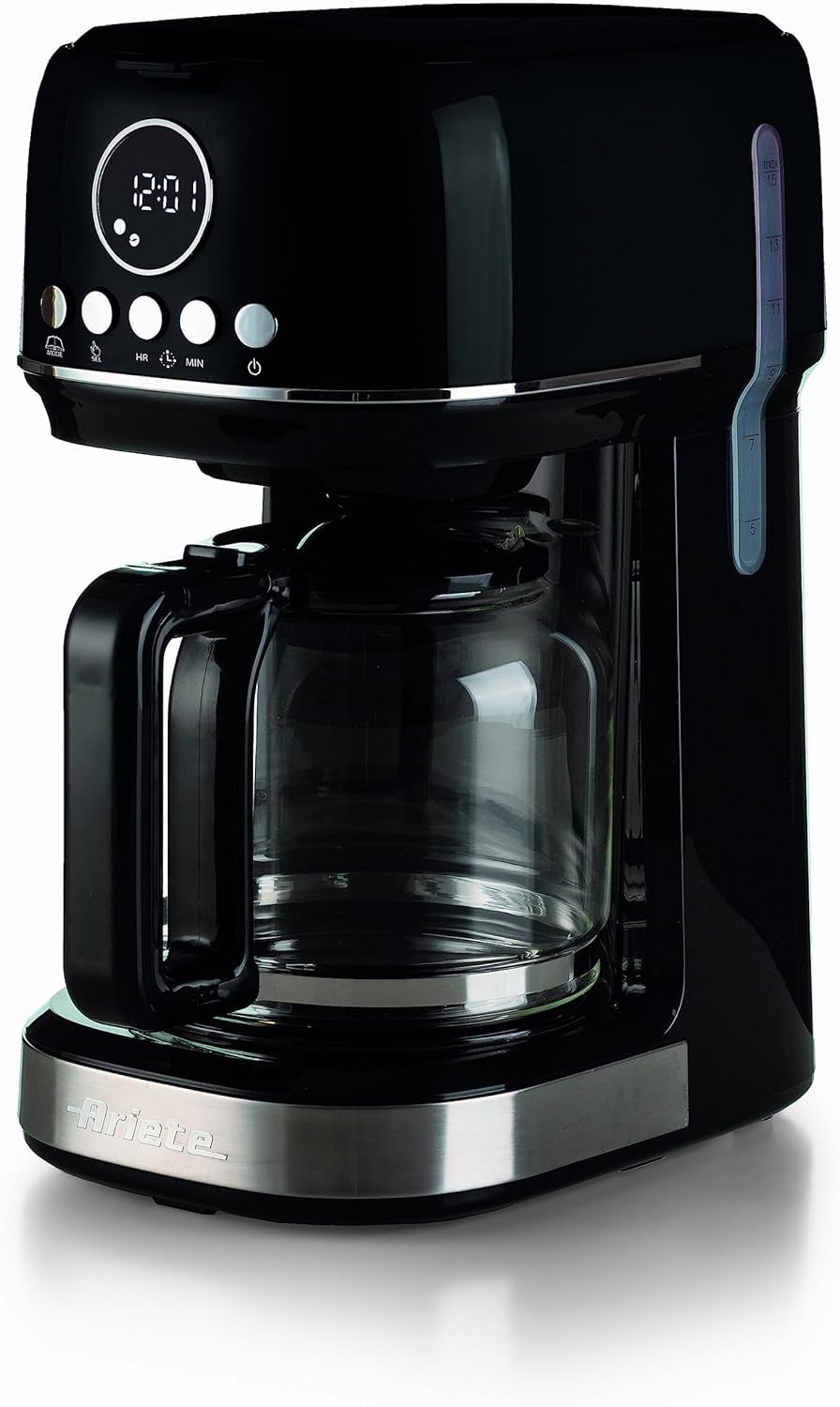 Ariete Moderna 1396 Filter Espressomaskin för att göra amerikanskt kaffe Upp till 15 koppar Glaskaraff Värmeplatta LCD-skärm Avtagbara och tvättbara filter Vita