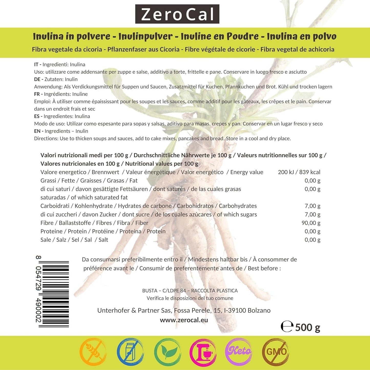 Zerocal - Inulinpulver från cikoria-Wurzel 500 G | Inulin Mit Hohem Ballaststoffgehalt | 100 % vegansk och glutenfri | Herkunft Deutschland Sweeteners Naty Shop