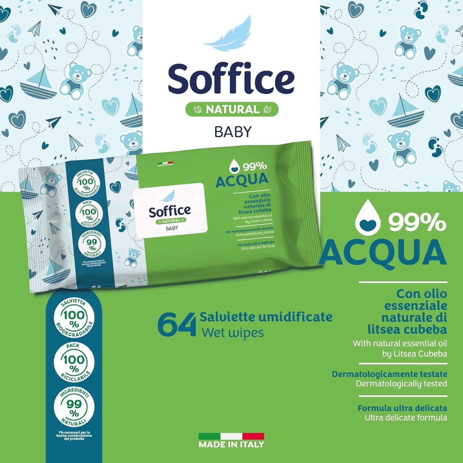 Naturliga rengörande våtservetter för spädbarn, 99% vatten, mycket känslig formula för daglig hygien för barn och nyfödda - 12 förpackningar med 64 våtservetter