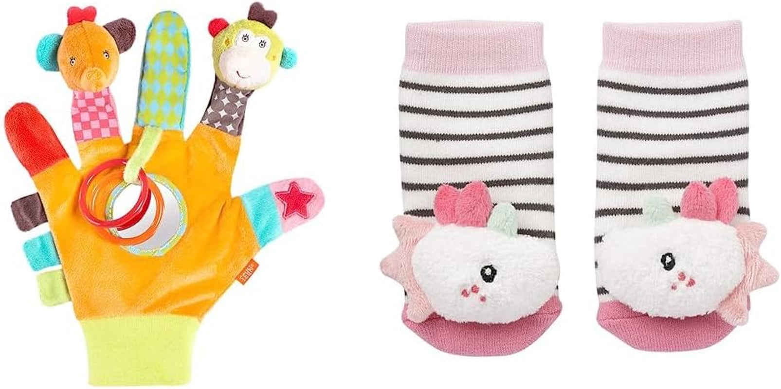 Fehn lekhandskesafari - apa- och elefantfingerdockor för barn & enhörningsklockstrumpor för barn - barnstrumpor med klockfunktion och enhörningshuvud - stimulera motorik och sinnen Bebe Toys Naty Shop Enhörningsstrumpa för barn Safari