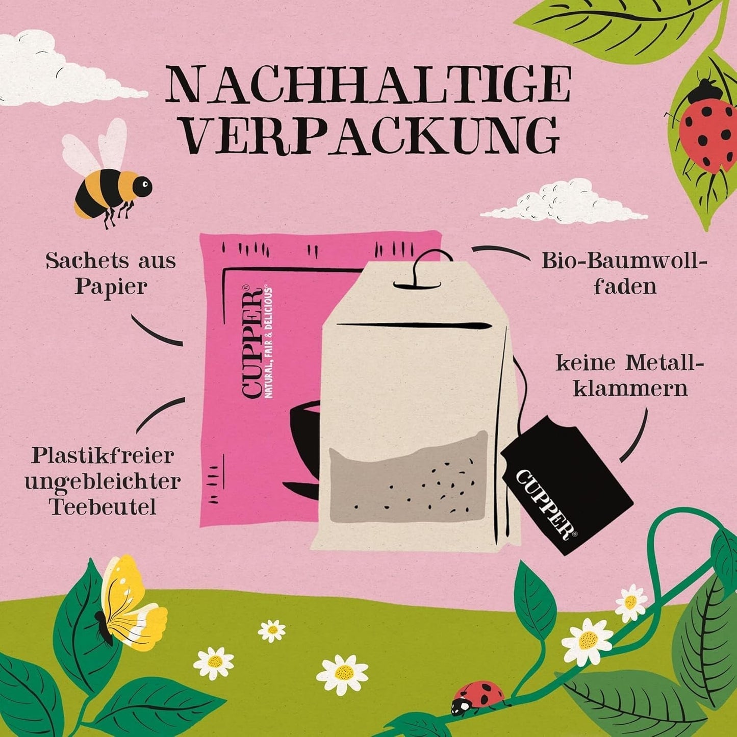 Cupper Ekologisk fruktte Tranbär Hallon | Hallon te | 250 oblekta tepåsar | Big Pack | Perfekt för kontoret | Ekologisk | Rättvis handel