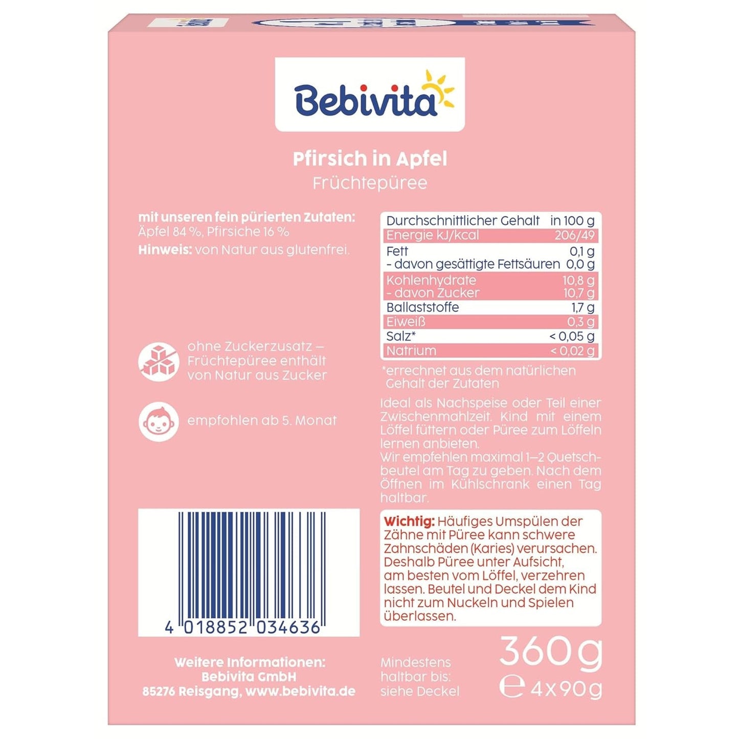 Persikaäpple pressbara påsar - 16-pack (4 förpackningar, 4 x 90 g vardera), utan tillsatt socker, glutenfri, vegan, perfekt för spädbarn från 5 månader, perfekt för take away