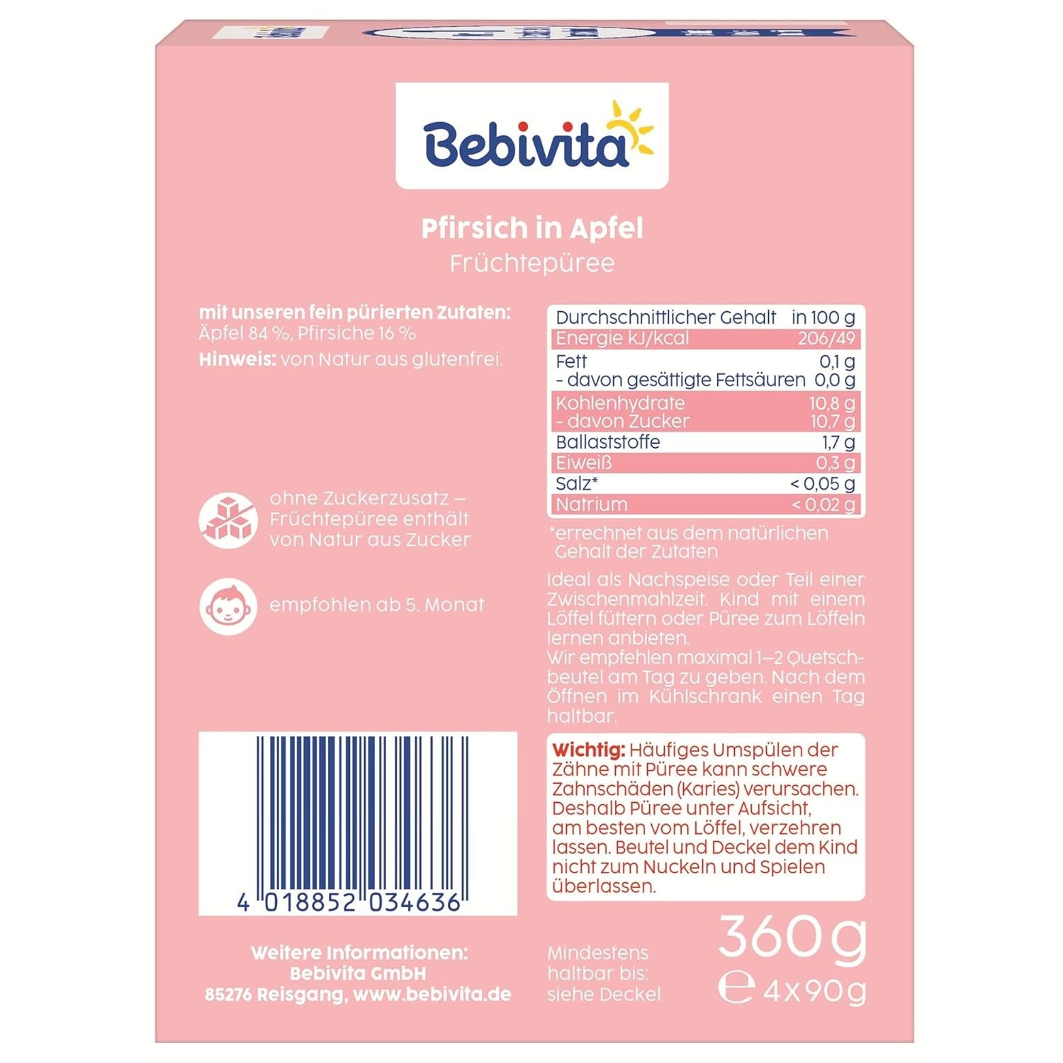Persikaäpple pressbara påsar - 16-pack (4 förpackningar, 4 x 90 g vardera), utan tillsatt socker, glutenfri, vegan, perfekt för spädbarn från 5 månader, perfekt för take away