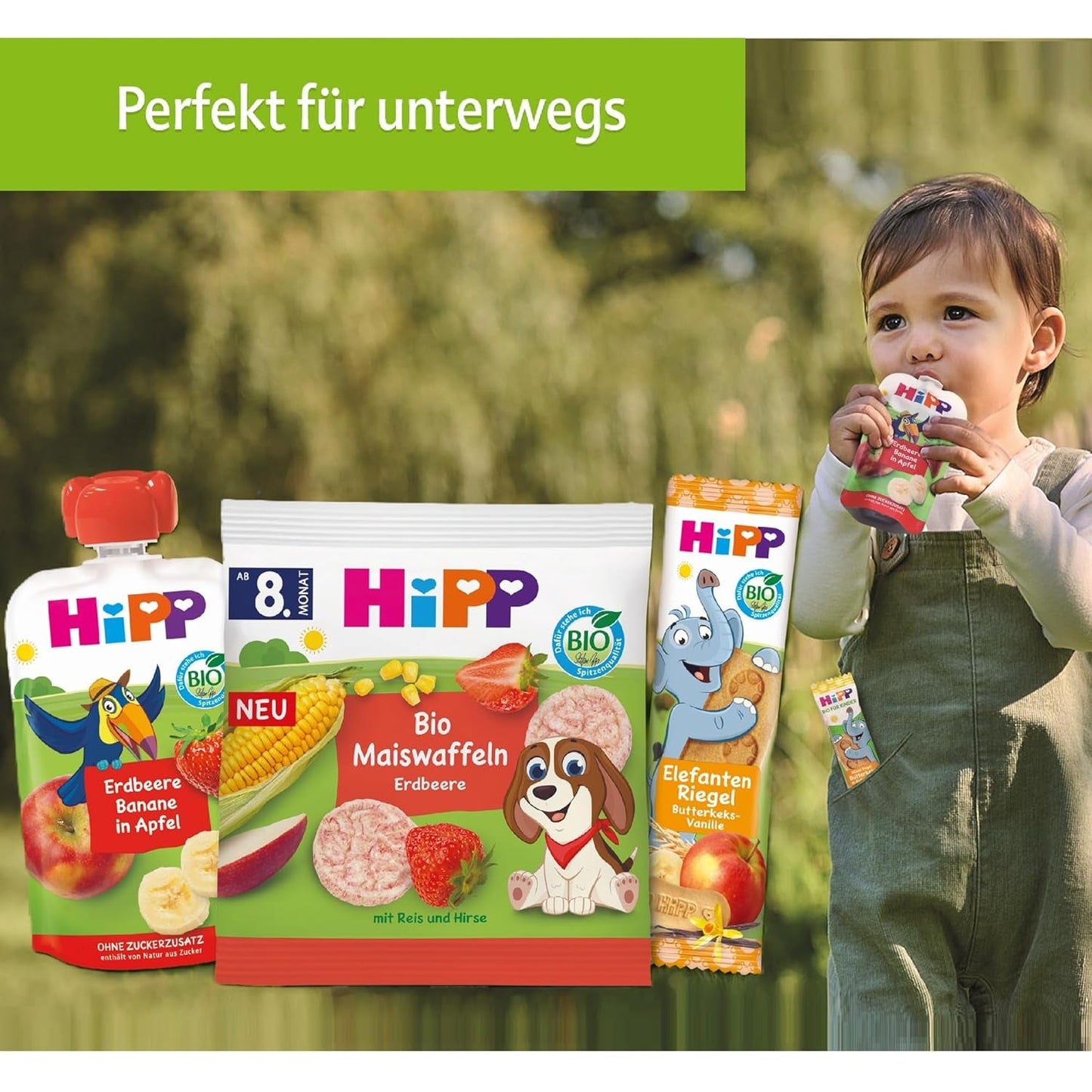 HiPP pressbara påsar med ekologiska persikor och bananer i påsar med äpplen och kakor - Felix the lazy (8 x 100g), från 1 år, frukt med flingor, inget tillsatt socker, bästa ekologiska kvalitet