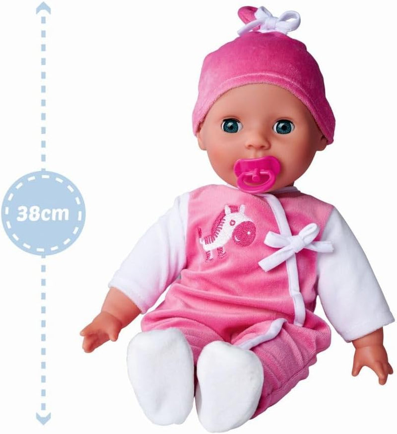 Simba 105140489 - Laura Baby Talk Doll, 38 cm mjuk kroppsdocka med sömniga ögon i söt jumpsuit, 24 babyljud, lekdocka, babydocka, 2+