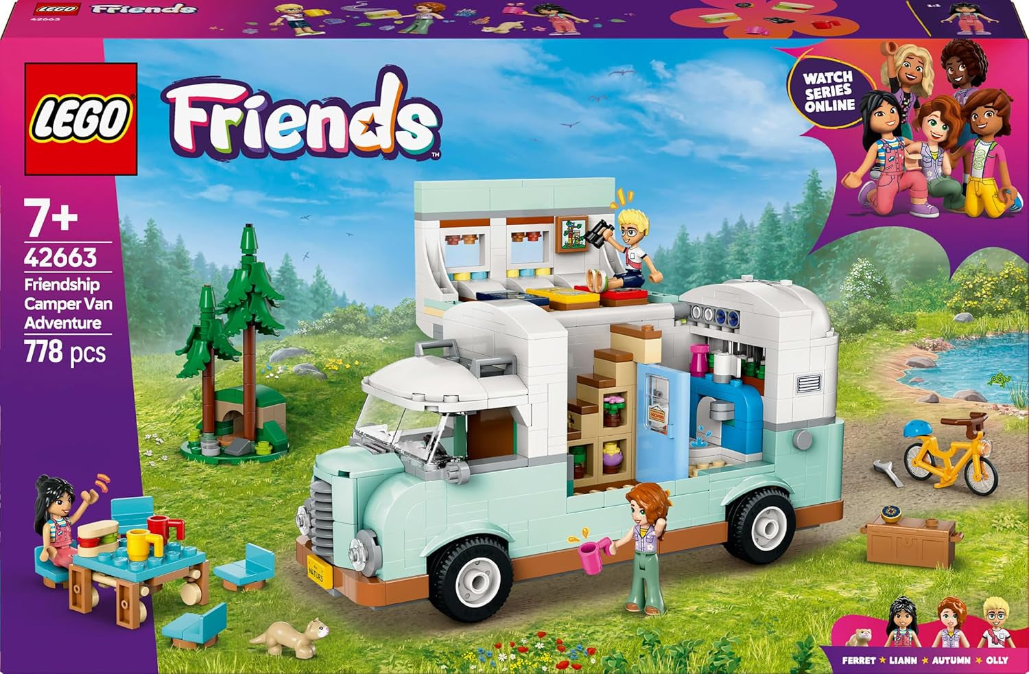 LEGO Friends husvagn, rollspelsbyggsats med leksakskaravan, present till tjejer från 7 år och uppåt, kreativ lekset med 3 minifigurer och illerdjursfigur 42663 Byggset Besuche den LEGO-Store