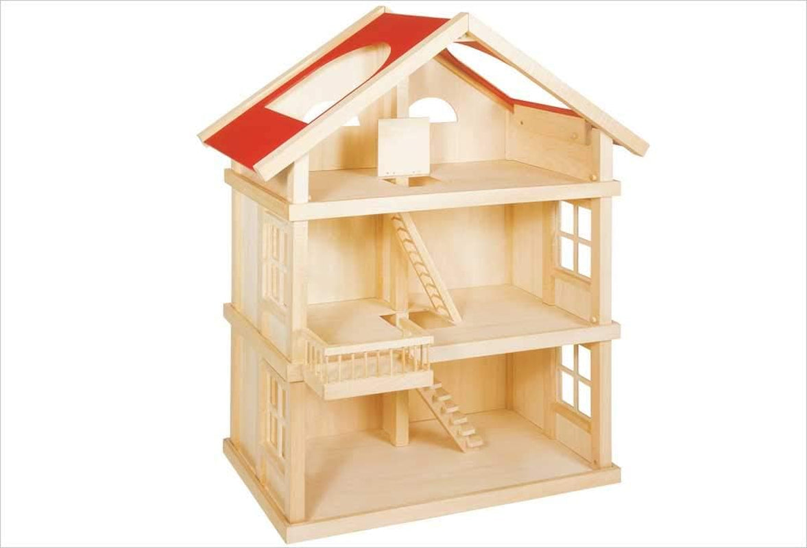 51957 Dockhus i trä, 65 x 35 x 87,5 cm - Stort dockhus i trä, 3 våningar, öppen design, rött tak, trappor och balkong för kreativt rollspel, dockhuslekvärld