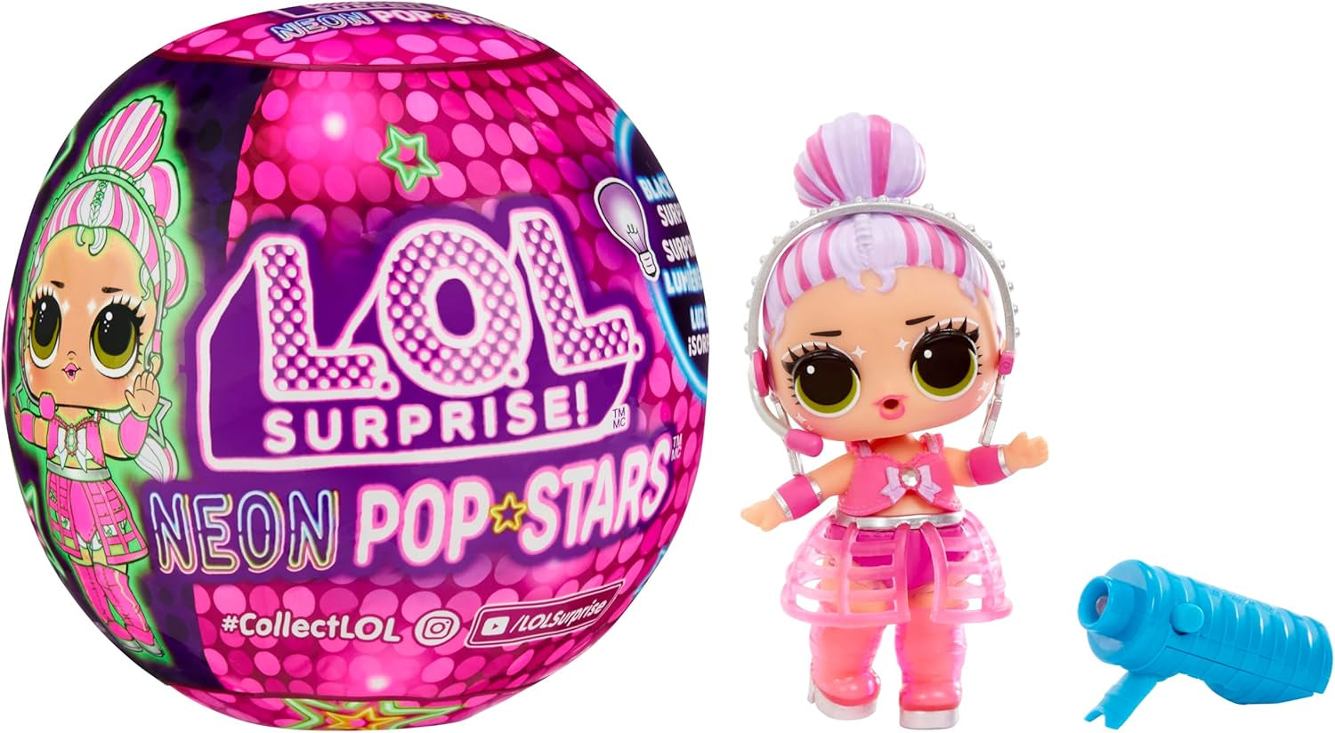 L.O.L. Överraskning! Neon Pop Stars Tots - 1 Black Light Magic Surprise Doll, Blind Wrap, 7 Samlardockor, var och en med neondekaler och tillbehör, Present för barn 4+ Naty Shop Dolls Standardtitel