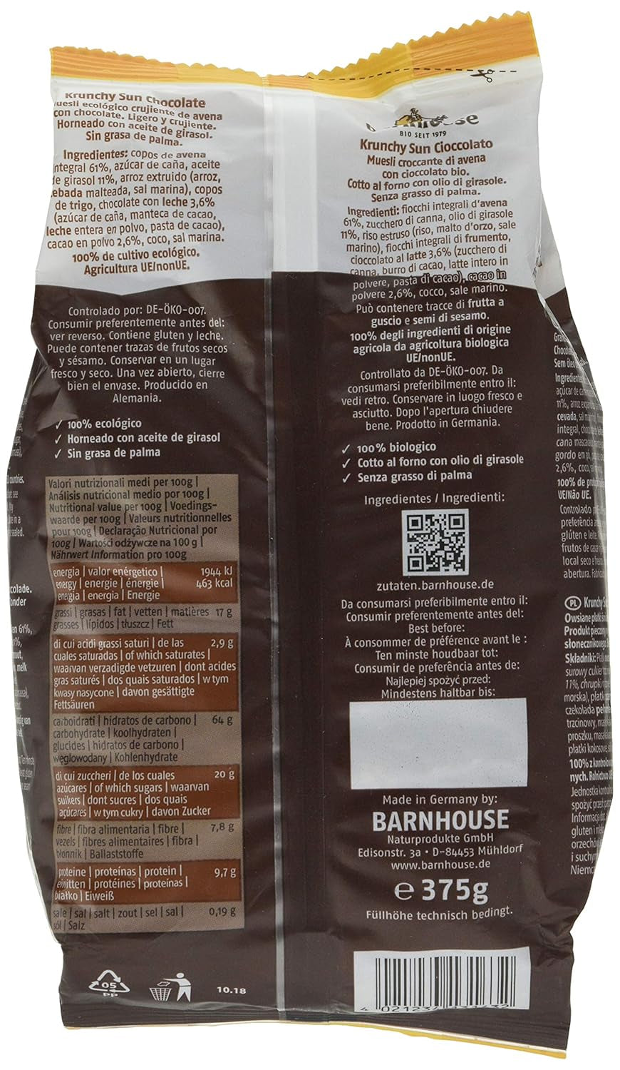 Barnhouse Krunchy Sun | Müsli med choklad | Ekologisk | Vegetarisk, 375 gram