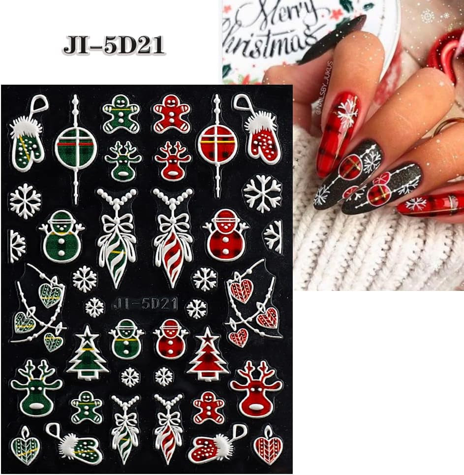 5 Blatt 3D Nagelsticker Weihnachten Nagelaufkleber 5D Stereoskopisk Selbstklebend Schneeflocke-Weihnachtswinterurlaub Nail Art Sticker Dekoration Nageldesign Zubehör
