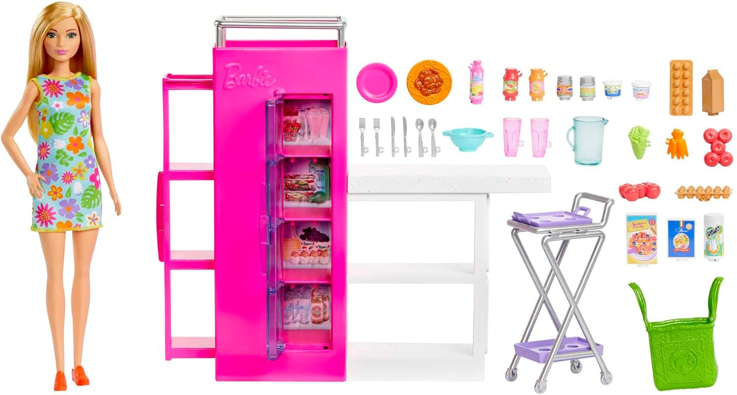 Barbie Doll Pantry Lekset med 25+ köksdelar och tillbehör - perfekt för små matälskare och present för barn från 3 år och uppåt, HJV38