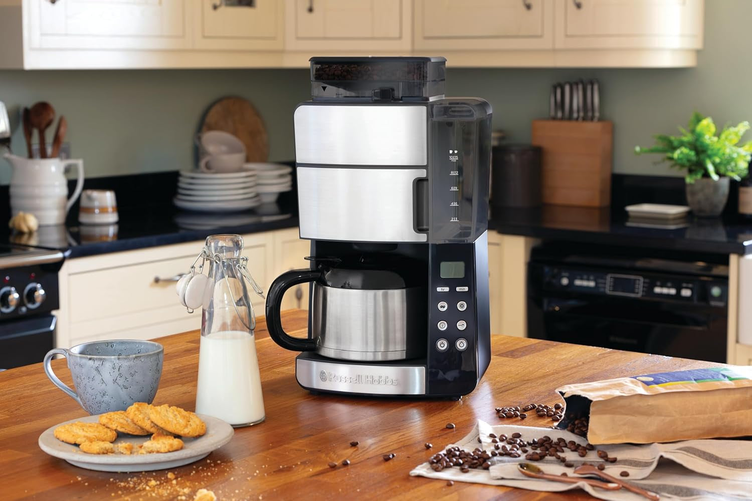 Russell Hobbs kaffebryggare med kvarn och termisk karaff [Digital timer, duschhuvud för optimal extraktion och arom] Grind&Brew (1-10 koppar, 3 malningsinställningar) Filterkaffebryggare 25620-56
